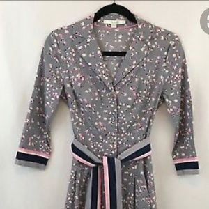 Boden Riviera midi Shirt dress gray blue pink floral with waist tie size 8R USA